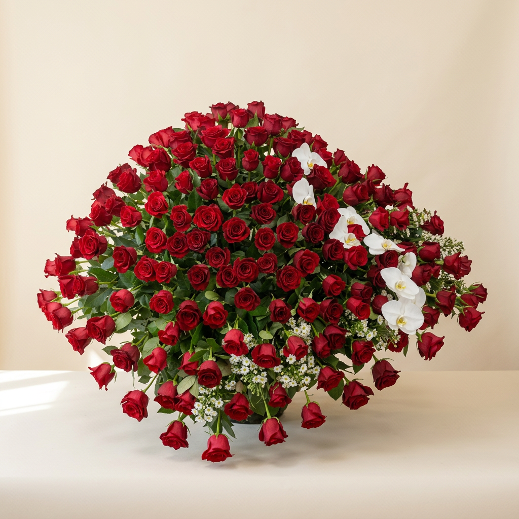 Red Funeral Arrangement with a warm cream studio background
