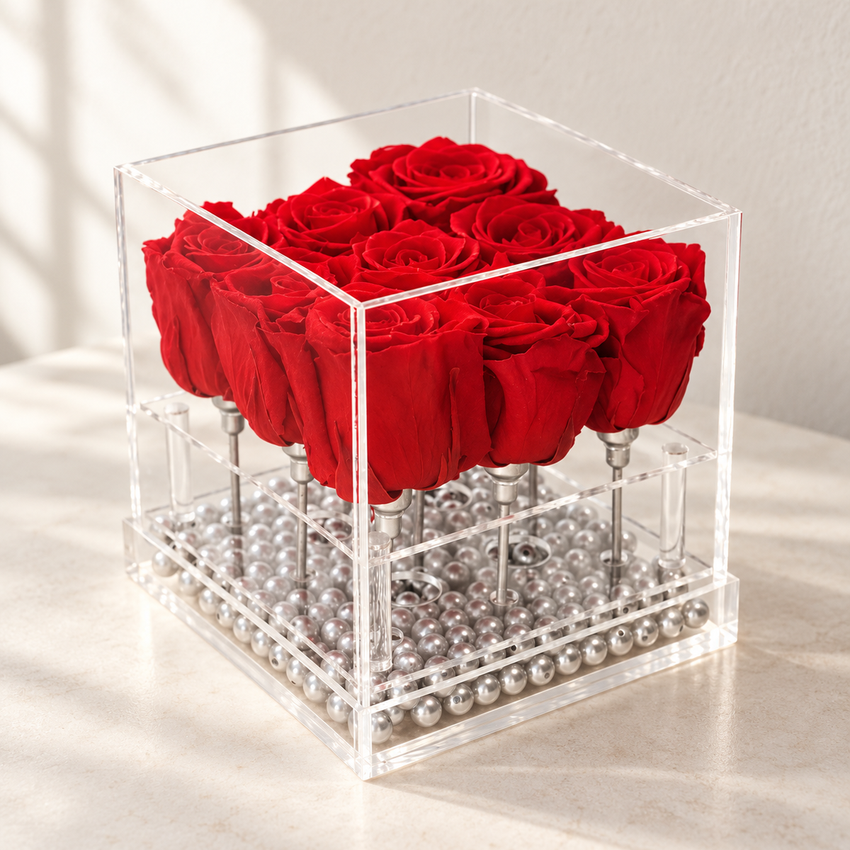 AI-assisted photo-style preview of 9 Forever Rose Box as shown; actual arrangement and proportions vary.