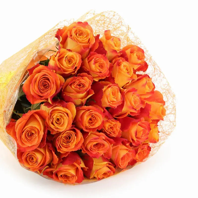 'Silantoi' Two-Tone Orange Signature Rose Bouquet w. Modern Mesh Wrap