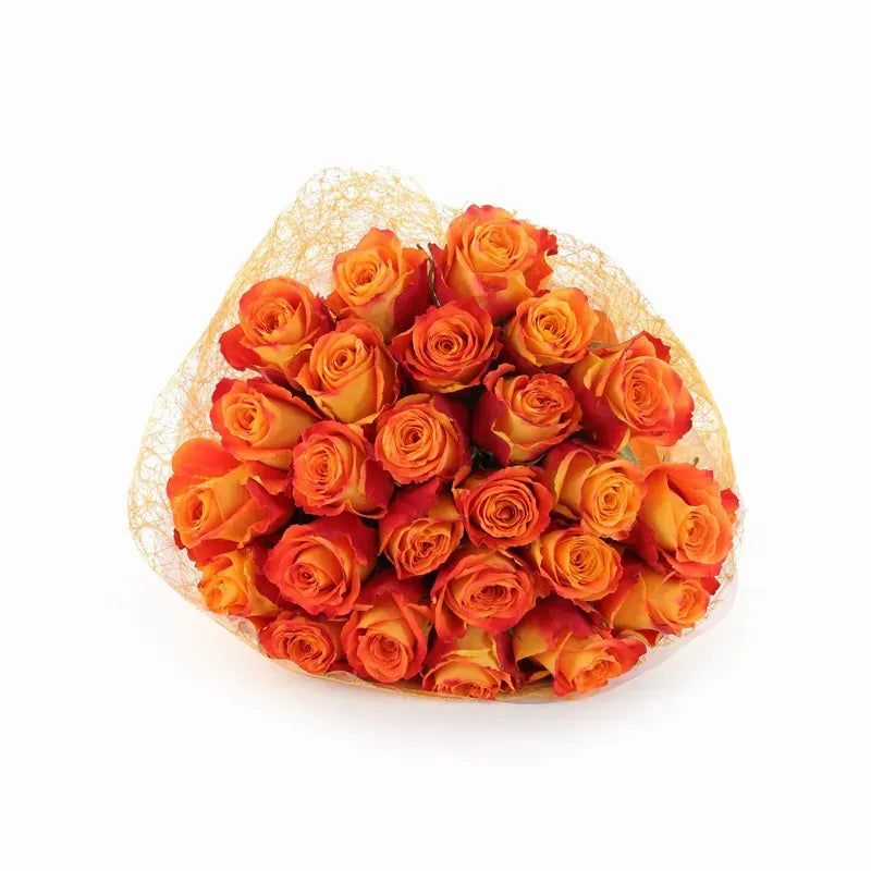'Silantoi' Two-Tone Orange Signature Rose Bouquet w. Modern Mesh Wrap
