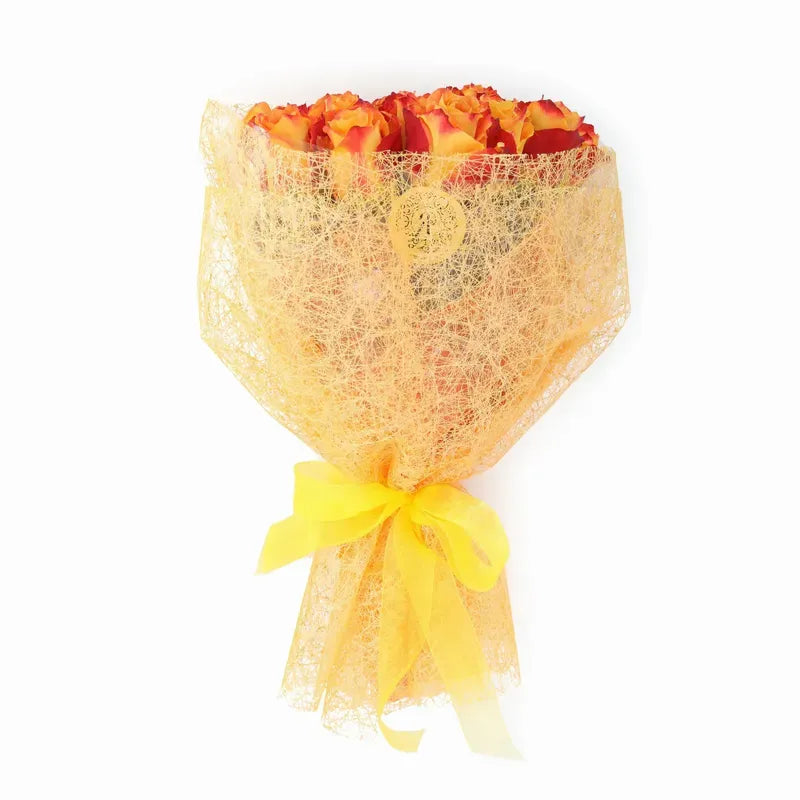 'Silantoi' Two-Tone Orange Signature Rose Bouquet w. Modern Mesh Wrap