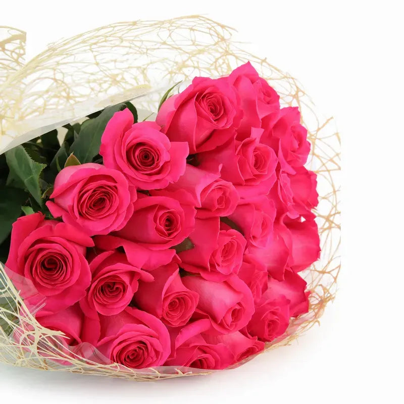 'Pink Floyd' Fuschia Pink Signature Rose Bouquet w. Natural Mesh Wrap