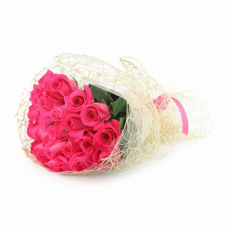'Pink Floyd' Fuschia Pink Signature Rose Bouquet w. Natural Mesh Wrap