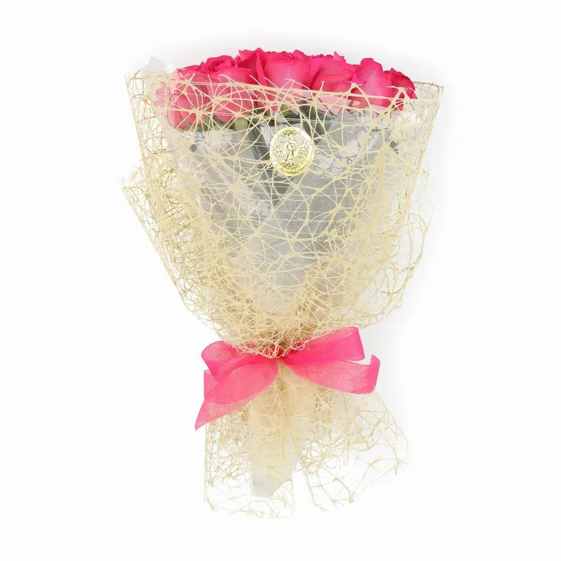 'Pink Floyd' Fuschia Pink Signature Rose Bouquet w. Natural Mesh Wrap