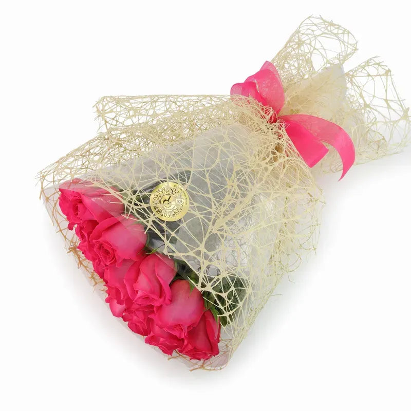 'Pink Floyd' Fuschia Pink Signature Rose Bouquet w. Natural Mesh Wrap