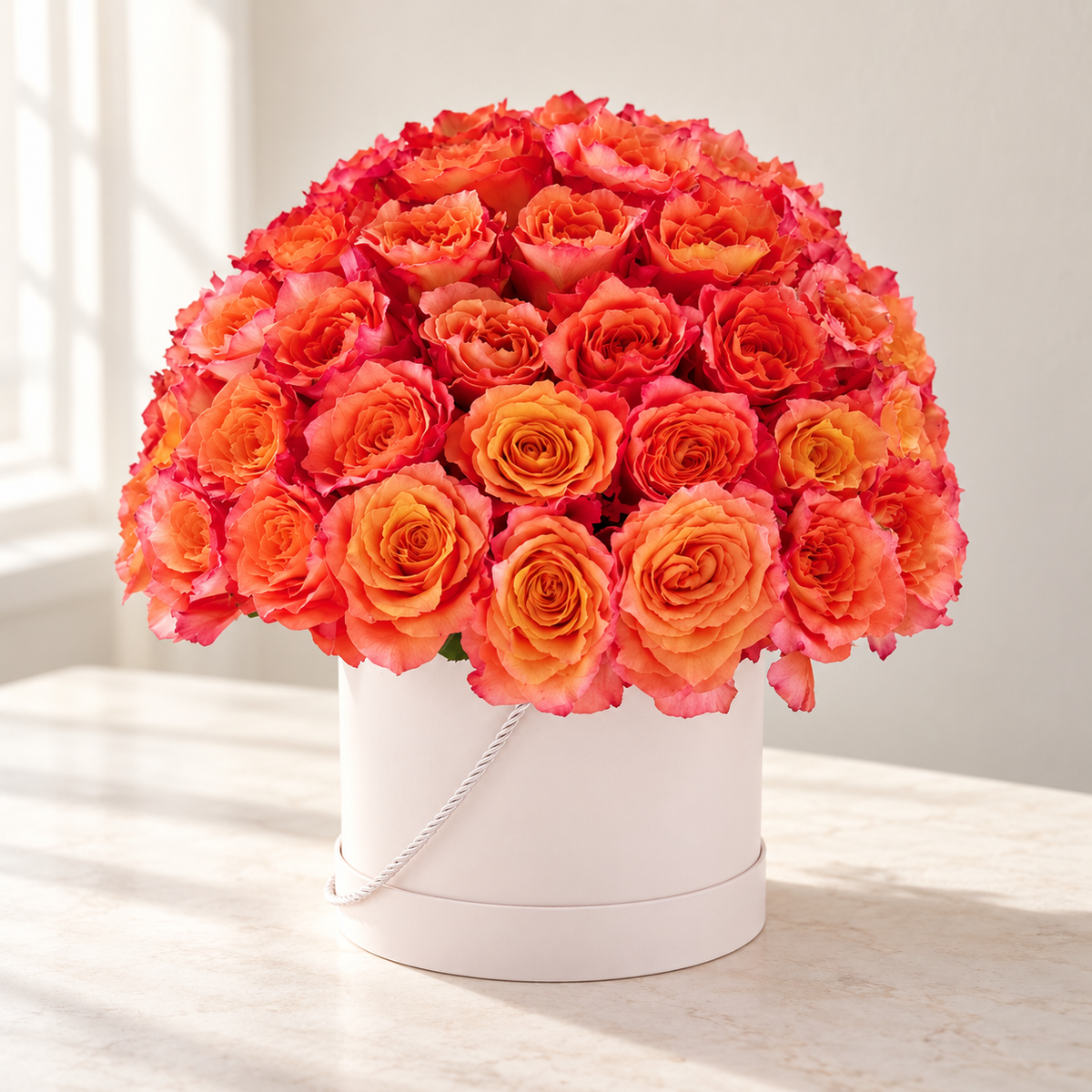 AI-assisted photo-style preview of 100 Luxe Rose Box as shown; actual arrangement and proportions vary.