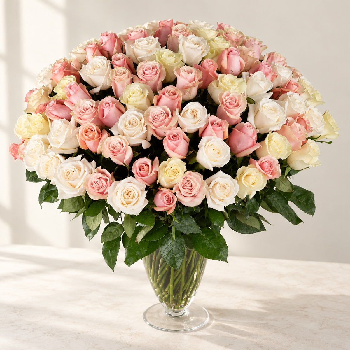 AI-assisted photo-style preview of 101 Premium Ecuadorian Roses in a Glass Vase – Toronto Delivery as shown; actual arrangement and proportions vary.