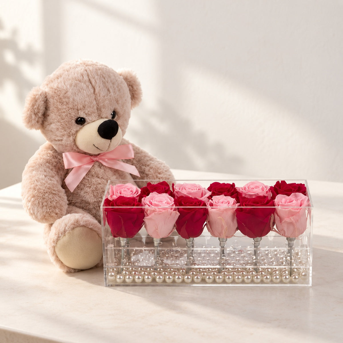 AI-assisted photo-style preview of 12 Forever Rose Box as shown; actual arrangement and proportions vary.