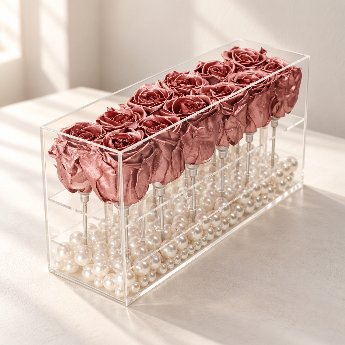 AI-assisted photo-style preview of 12 Rose Gold Acrylic Rose Box as shown; actual arrangement and proportions vary.