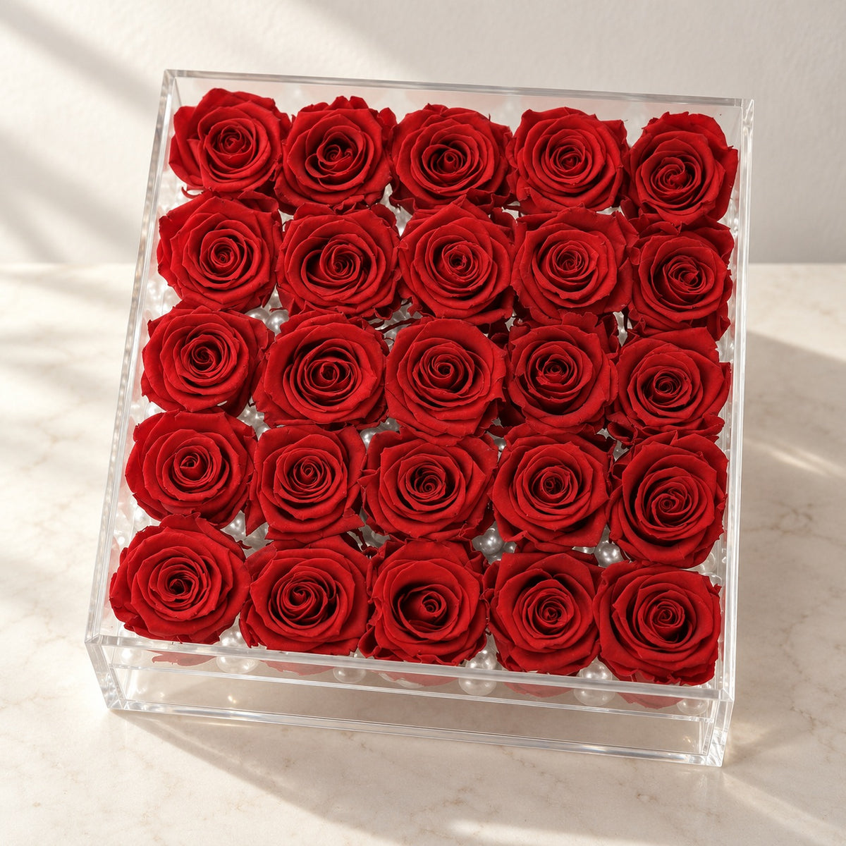 AI-assisted photo-style preview of 25 Forever Rose Box as shown; actual arrangement and proportions vary.