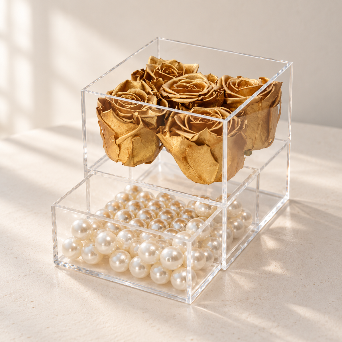 AI-assisted photo-style preview of 5 Gold Forever Rose Box as shown; actual arrangement and proportions vary.