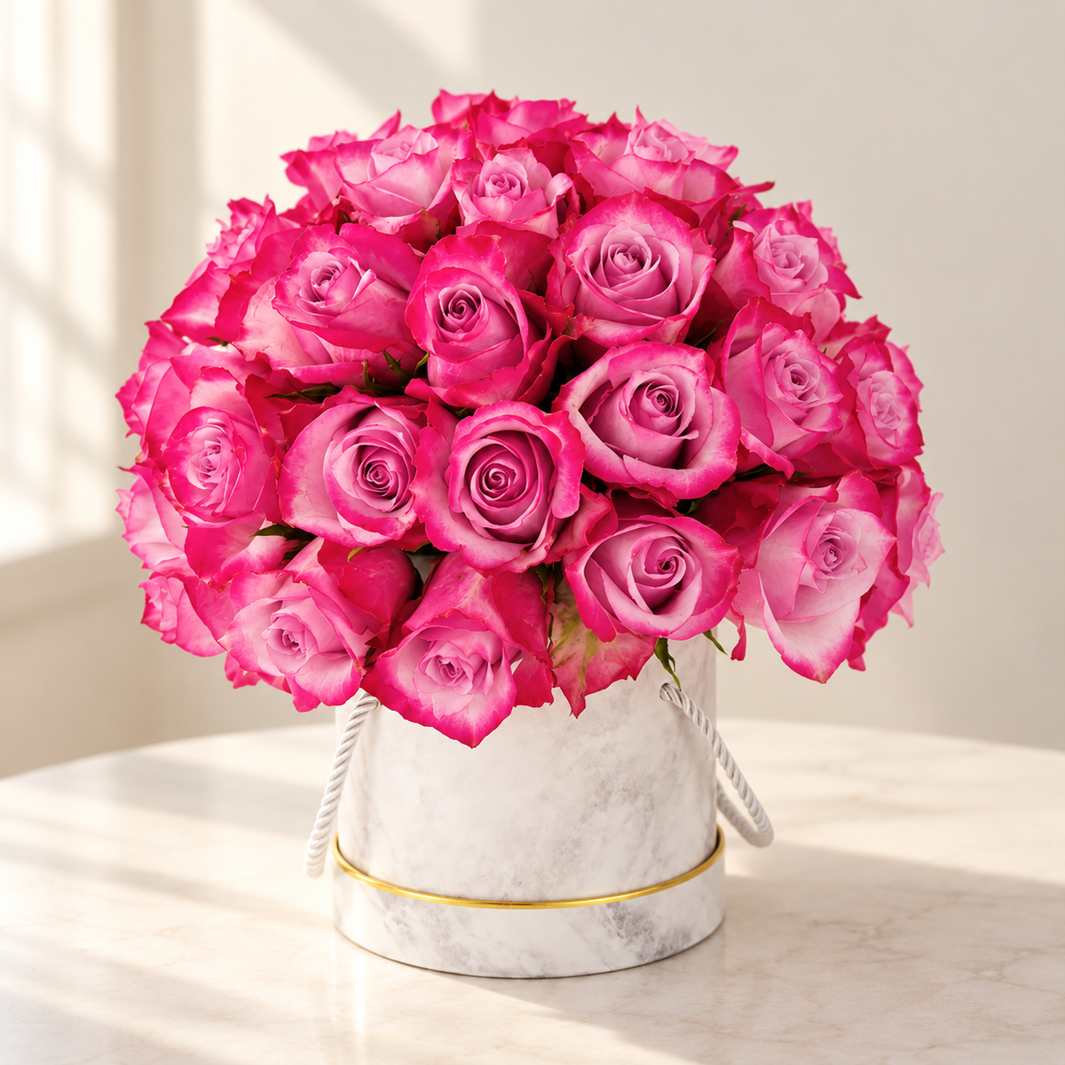 AI-assisted photo-style preview of 50 Rose Box as shown; actual arrangement and proportions vary.