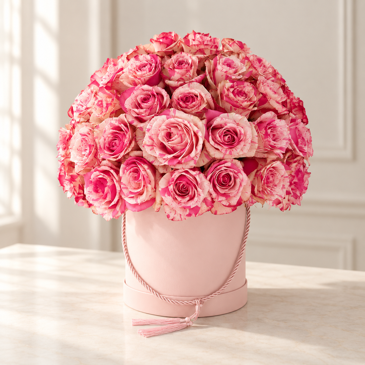 AI-assisted photo-style preview of 75 Premium Rose Box as shown; actual arrangement and proportions vary.