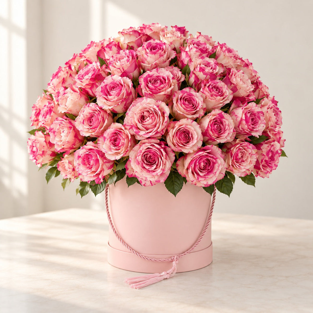 AI-assisted photo-style preview of 75 Premium Rose Box, 75-rose option; actual arrangement and proportions vary.