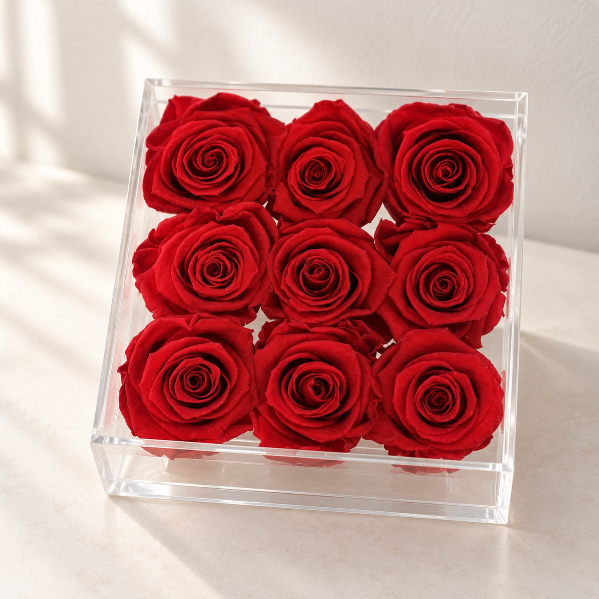 AI-assisted photo-style preview of 9 Forever Rose Box as shown; actual arrangement and proportions vary.