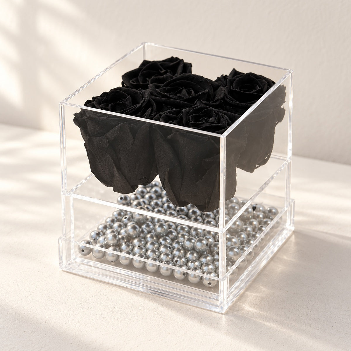 AI-assisted photo-style preview of Black Forever Rose Box as shown; actual arrangement and proportions vary.