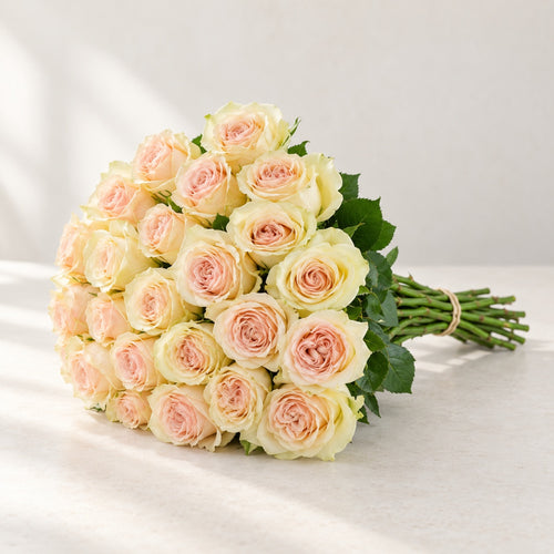 AI-assisted photo-style preview of 'Country Secret' Bi-Colour Roses, 25-rose option; actual arrangement and proportions vary.