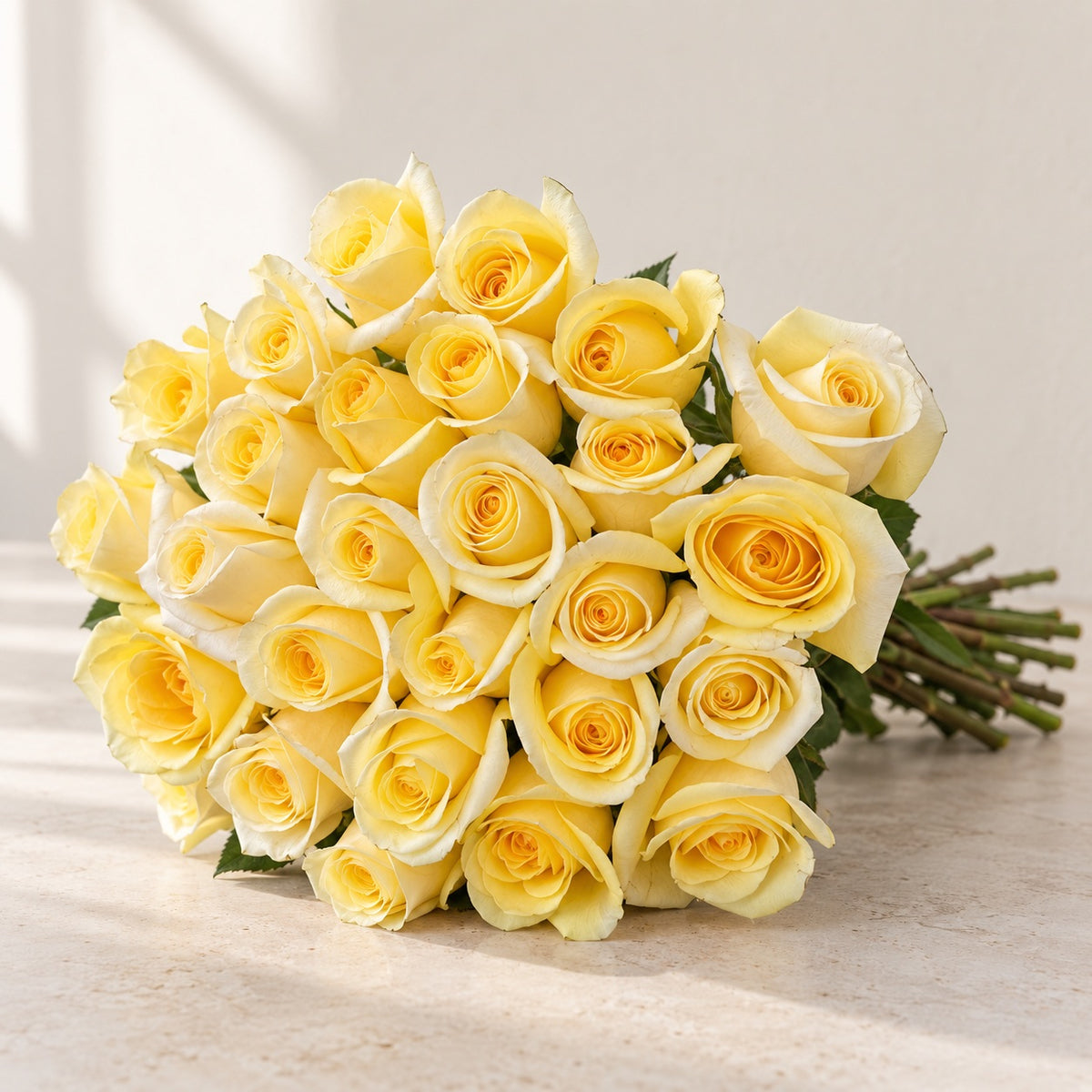 AI-assisted photo-style preview of 'Creme De La Creme' Cream Roses, 25-rose option; actual arrangement and proportions vary.