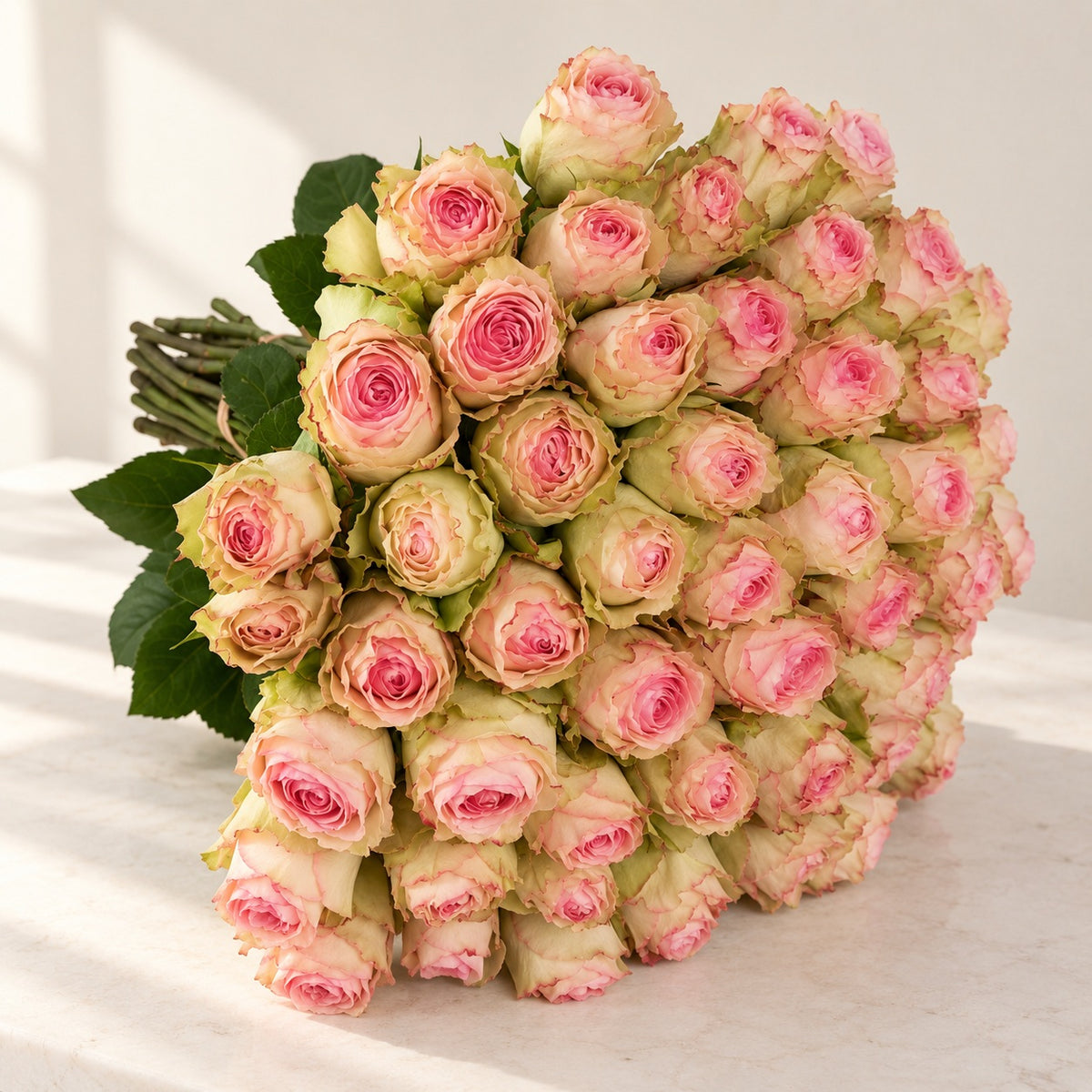AI-assisted photo-style preview of 50 Esperanza Two-Tone Pink Roses – Signature Rose Bouquet as shown; actual arrangement and proportions vary.