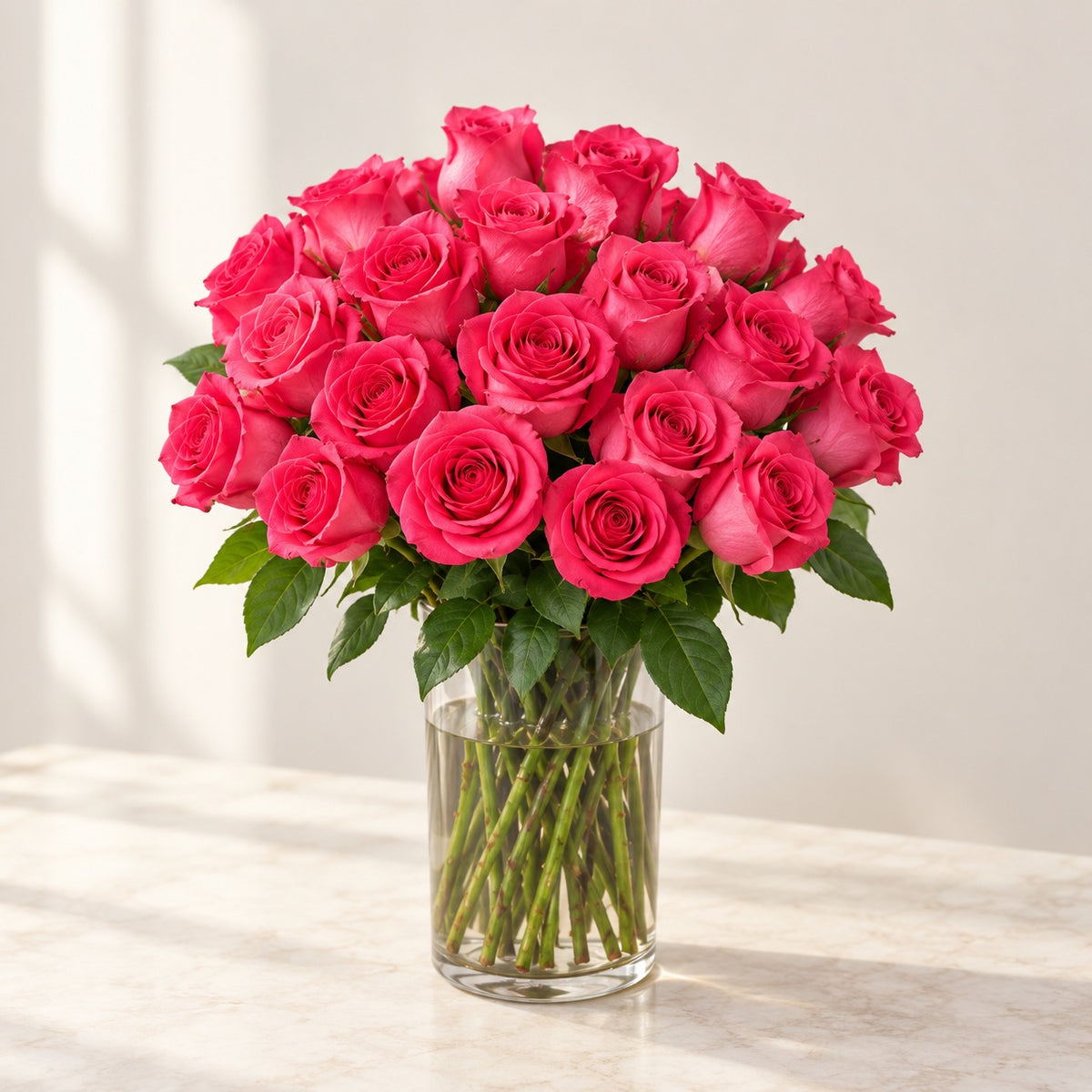 AI-assisted photo-style preview of 50 Pink Floyd Roses in a Glass Vase – Toronto Flower Delivery, 25-rose option; actual arrangement and proportions vary.