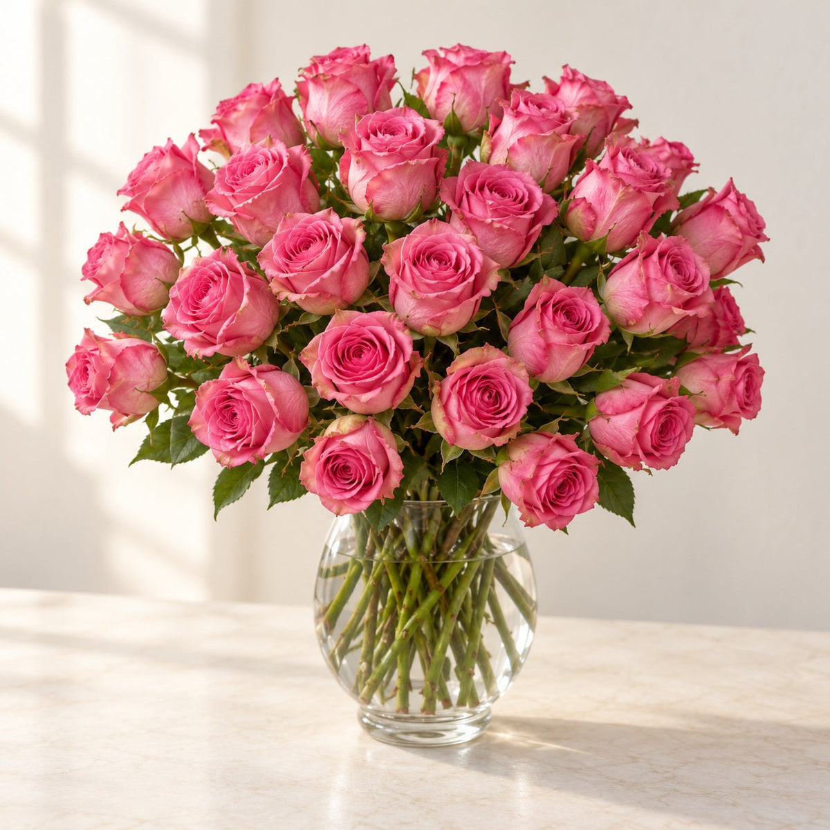 AI-assisted photo-style preview of Fifty Medium Stem 'Esperanza' Rose Vase Arrangement, 25-rose option; actual arrangement and proportions vary.