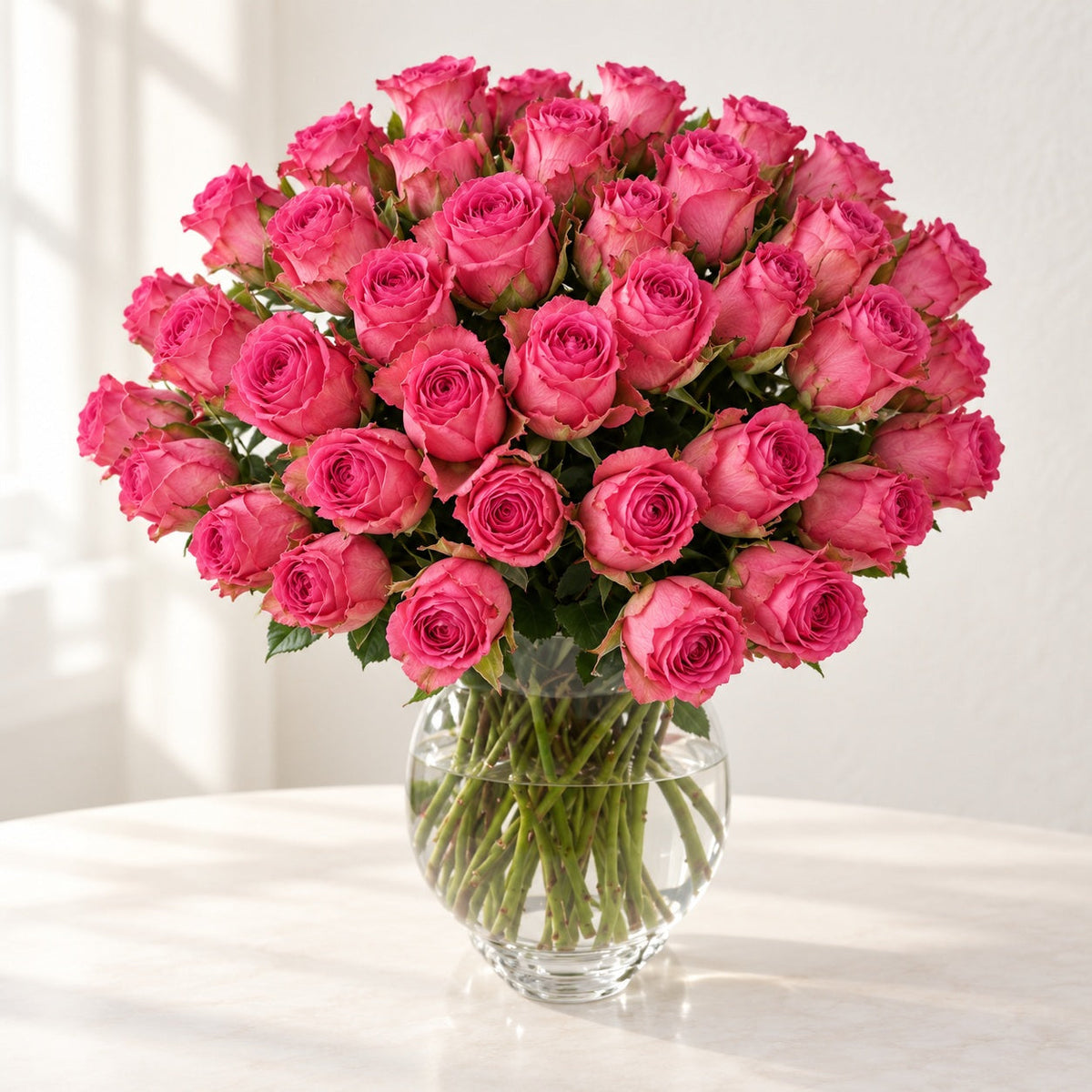 AI-assisted photo-style preview of Fifty Medium Stem 'Esperanza' Rose Vase Arrangement, 50-rose option; actual arrangement and proportions vary.