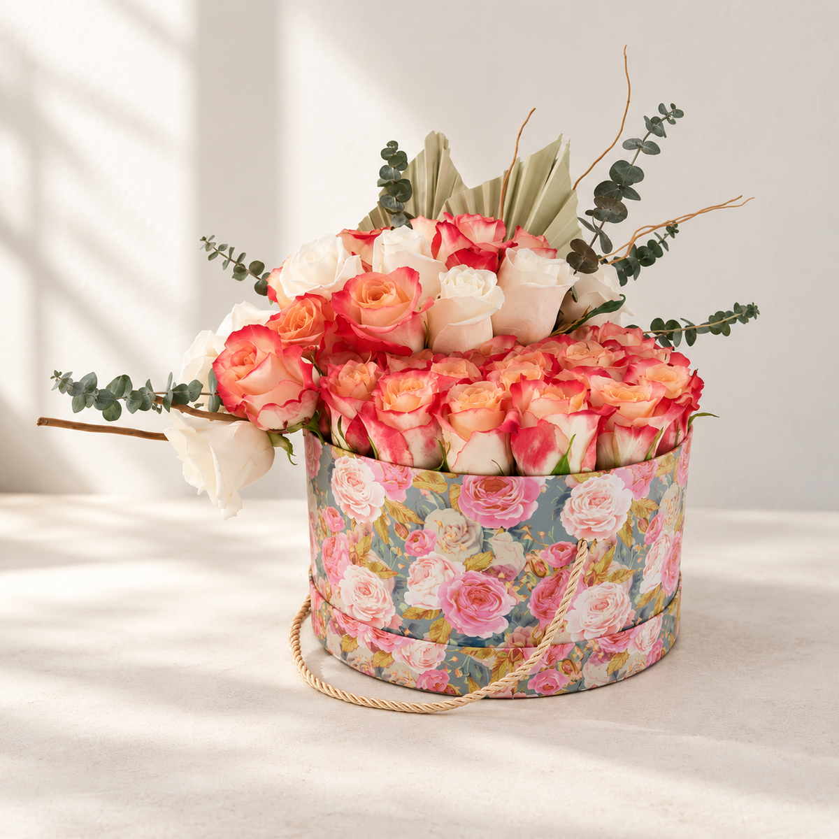 AI-assisted photo-style preview of Garden Rose Box as shown; actual arrangement and proportions vary.