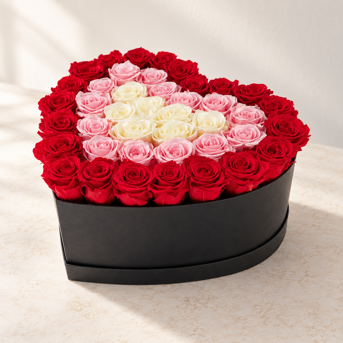 AI-assisted photo-style preview of Heart Shape Rose Box as shown; actual arrangement and proportions vary.