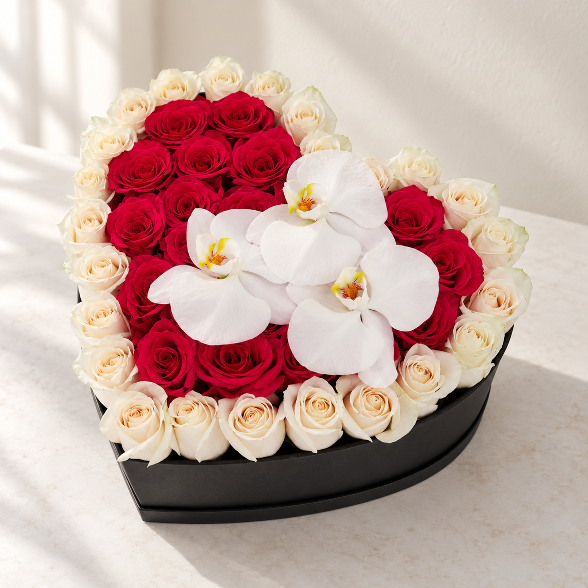 AI-assisted photo-style preview of Heart Shape Rose Box With Orchids as shown; actual arrangement and proportions vary.