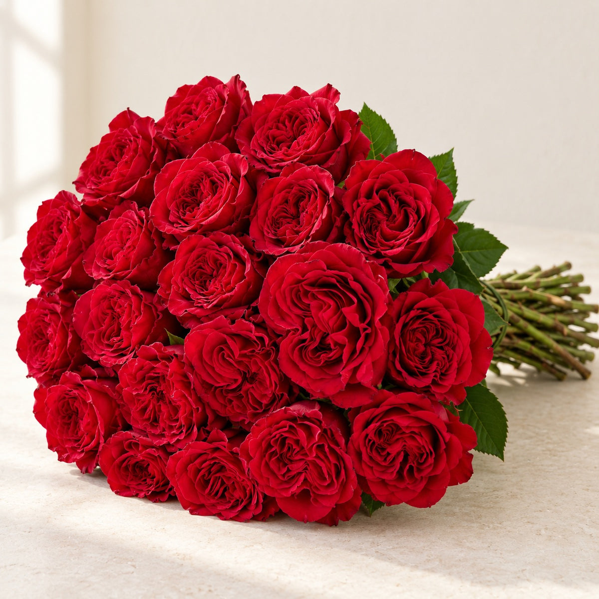 AI-assisted photo-style preview of 'Hearts' Red Roses, 25-rose option; actual arrangement and proportions vary.