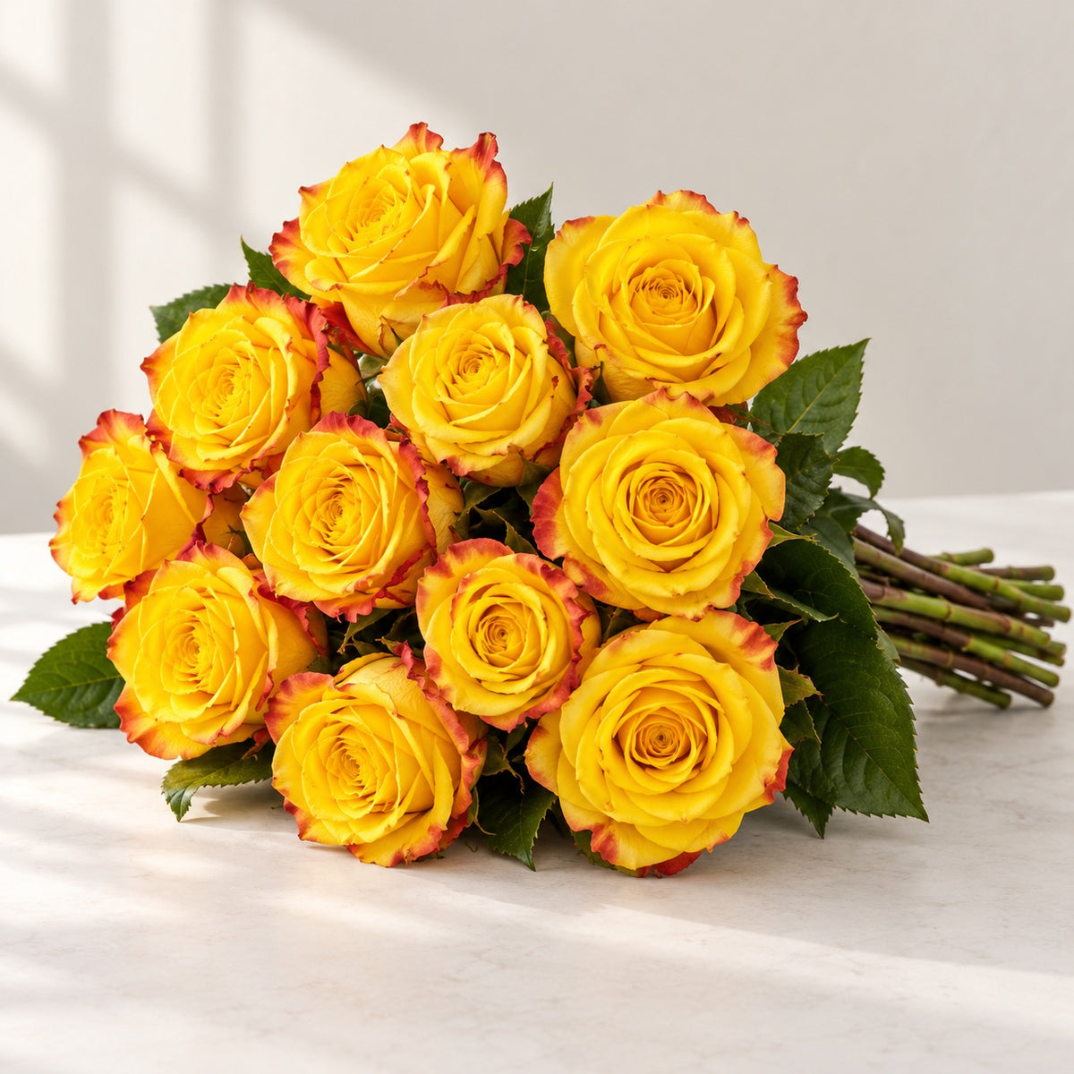 AI-assisted photo-style preview of 'High & Yellow' Two Tone Yellow Rose, 12-rose option; actual arrangement and proportions vary.