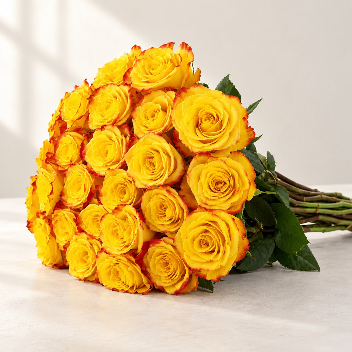 AI-assisted photo-style preview of 'High & Yellow' Two Tone Yellow Rose, 25-rose option; actual arrangement and proportions vary.