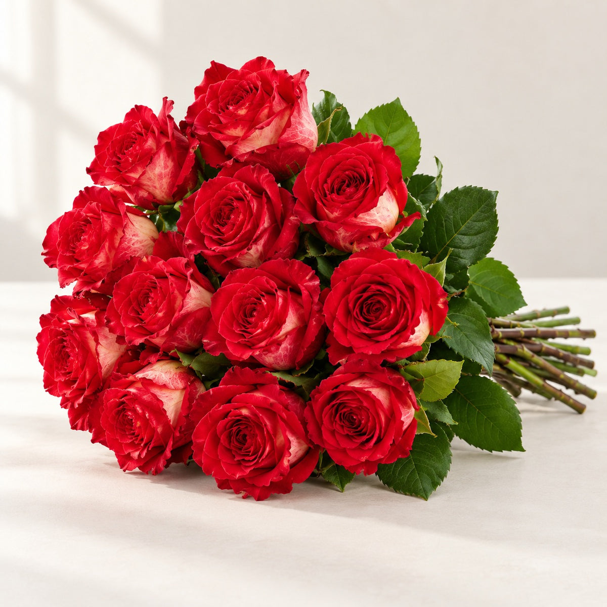 AI-assisted photo-style preview of 'Iguazu' Two Tone Red Roses, 12-rose option; actual arrangement and proportions vary.