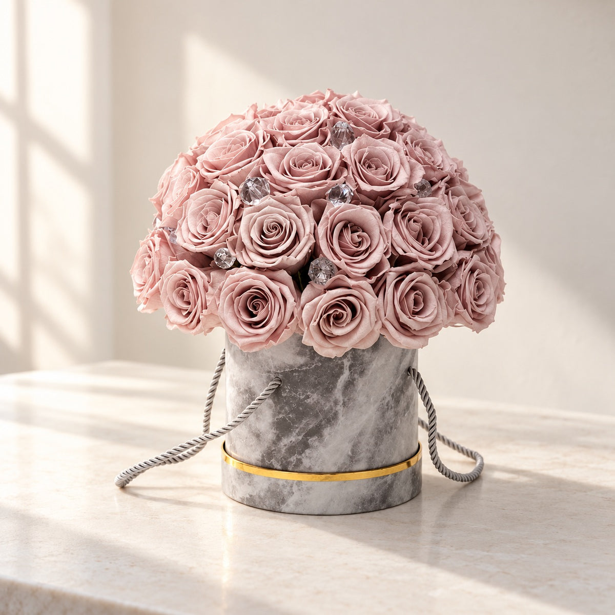 AI-assisted photo-style preview of Luxe Forever Rose Box w. Faux Crystals as shown; actual arrangement and proportions vary.