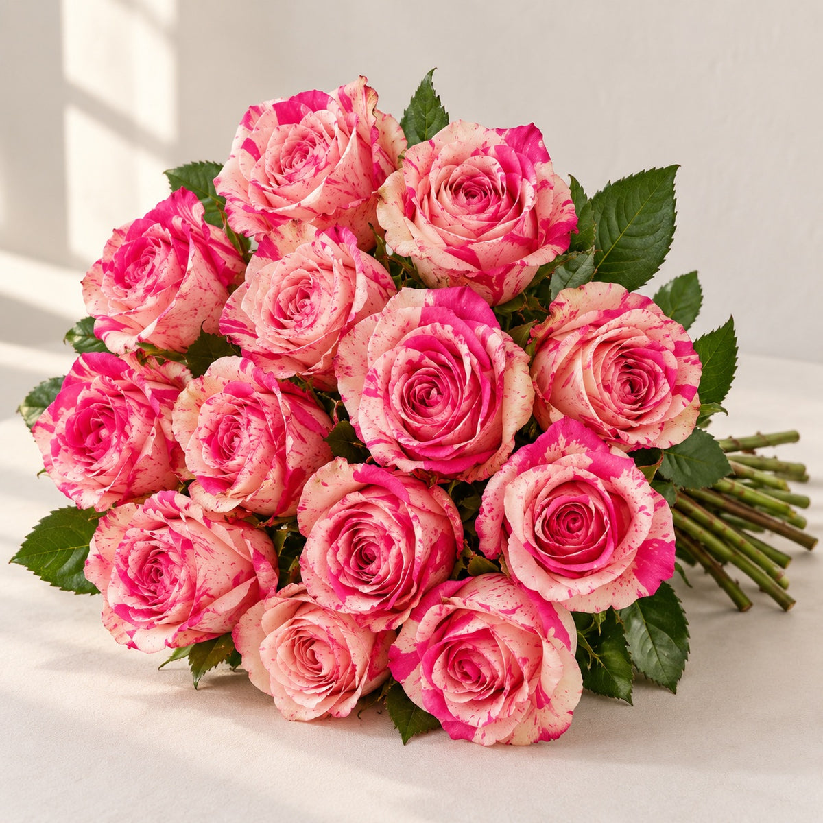 AI-assisted photo-style preview of 'Magic Time' Pink Bi-Color Rose, 12-rose option; actual arrangement and proportions vary.