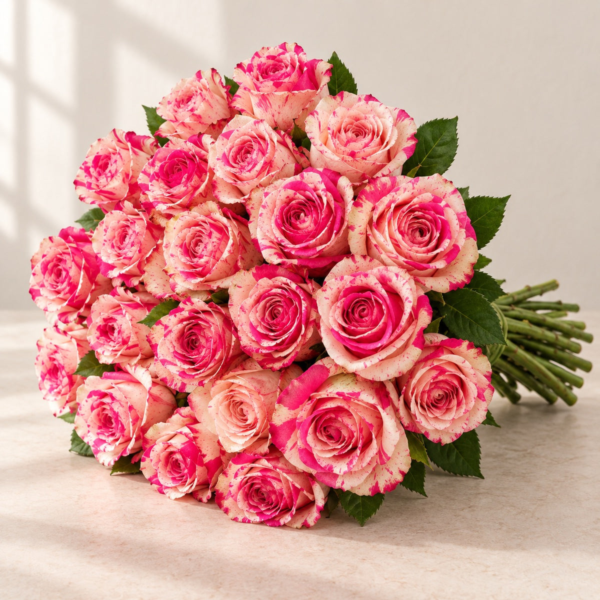 AI-assisted photo-style preview of 'Magic Time' Pink Bi-Color Rose, 25-rose option; actual arrangement and proportions vary.