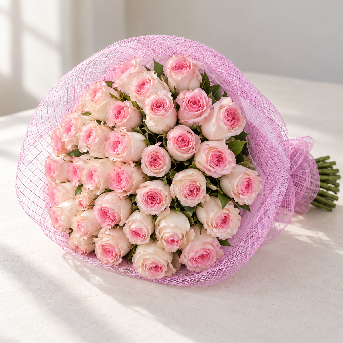 Photo-style illustrative preview for 50 soft pink Mandala roses in classic pink mesh; actual blooms and proportions vary.