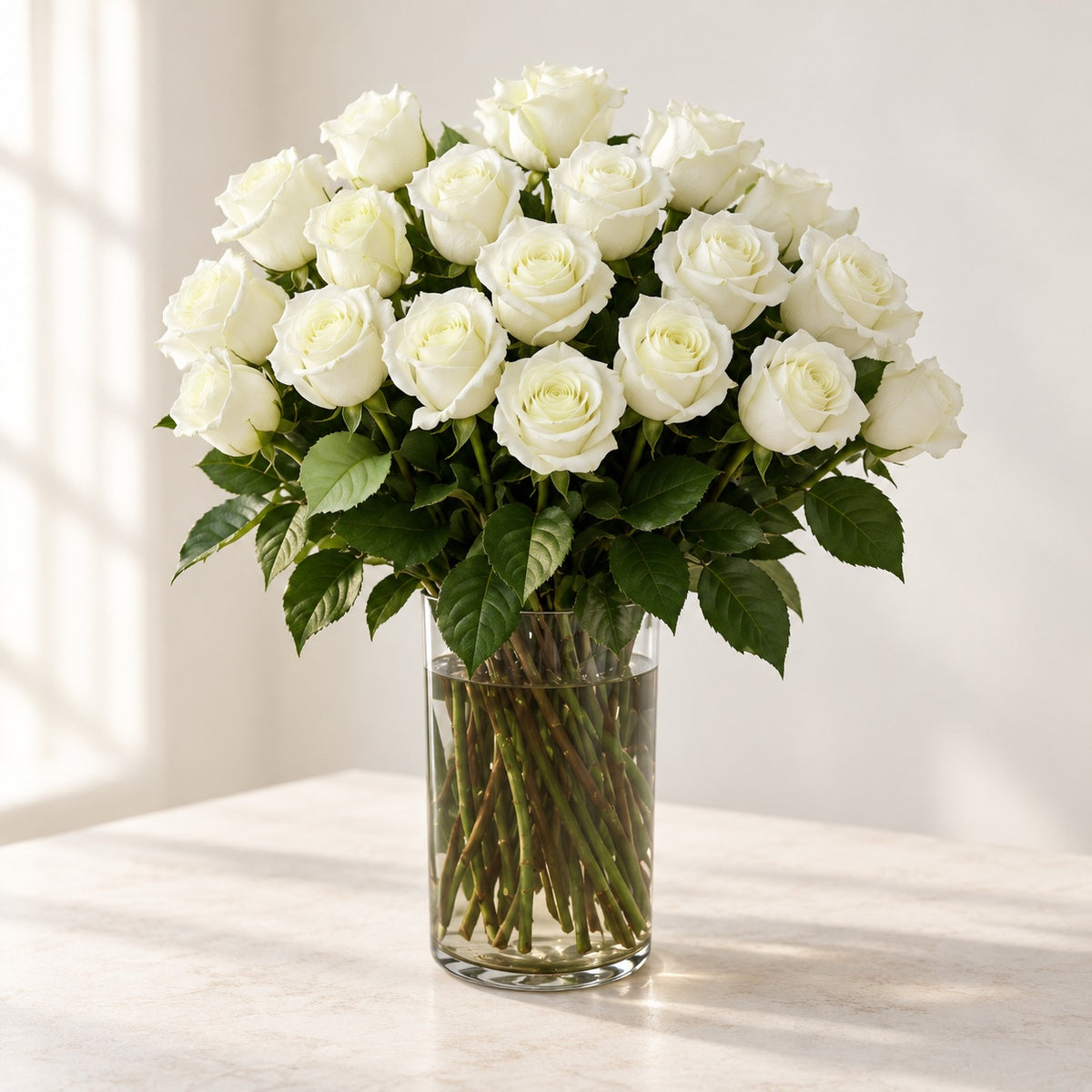 AI-assisted photo-style preview of 'MIA' XLong Stem Vase Arrangement, 25-rose option; actual arrangement and proportions vary.