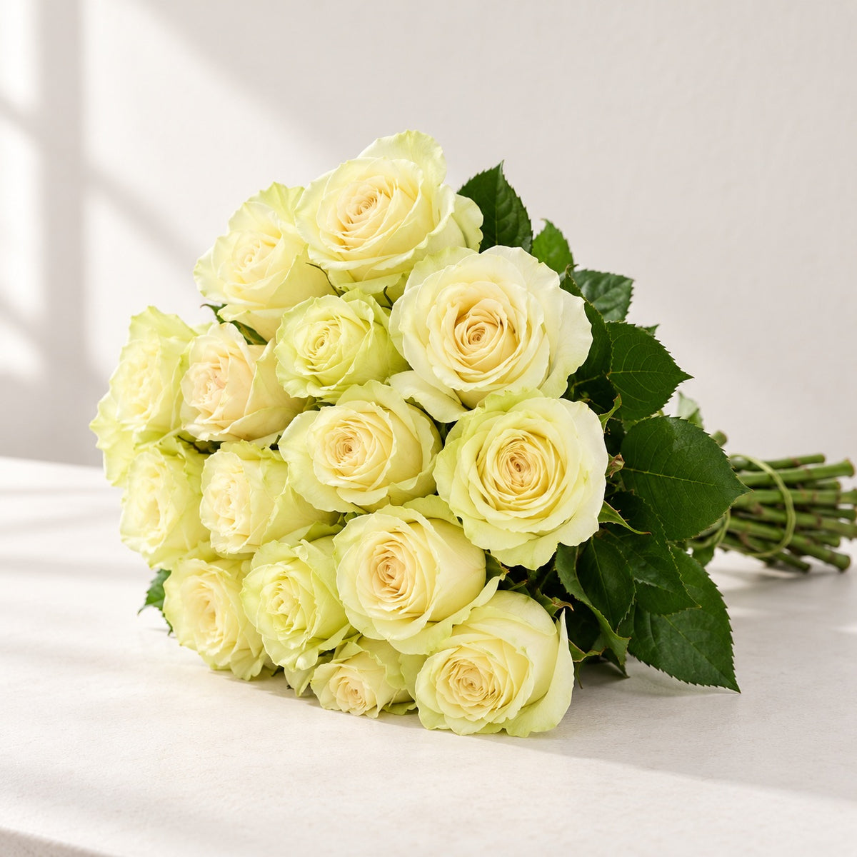 AI-assisted photo-style preview of 'Mondial' Off White Roses, 12-rose option; actual arrangement and proportions vary.