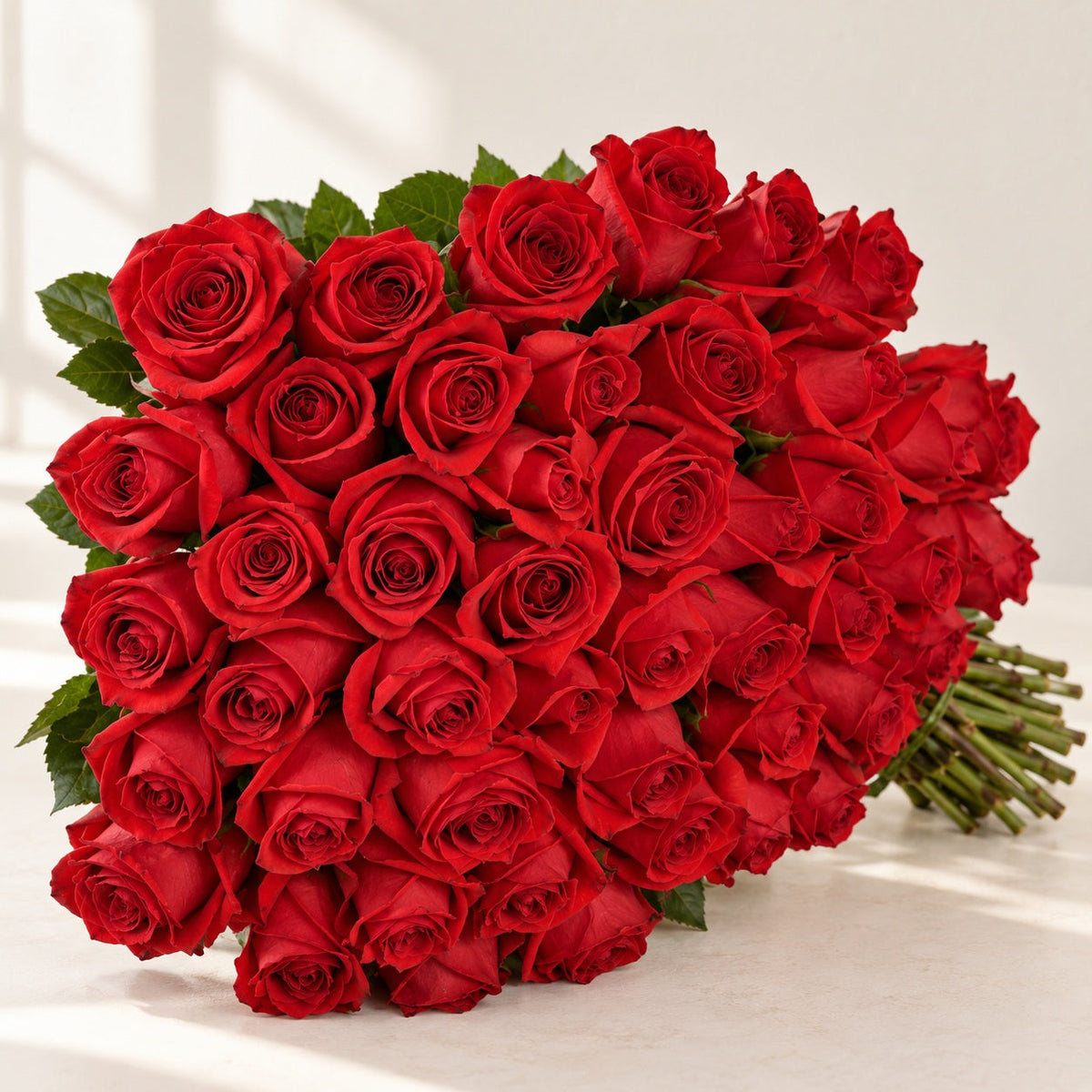 AI-assisted photo-style preview of 'Nautica' Signature Fifty Rose Bouquet, 50-rose option; actual arrangement and proportions vary.