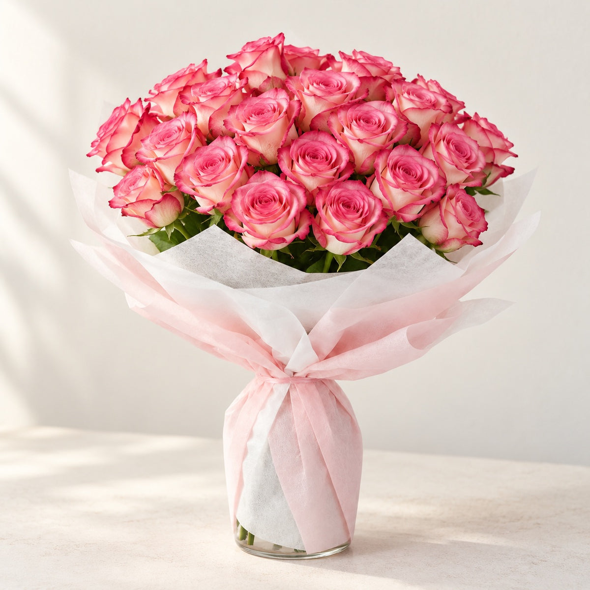 AI-assisted photo-style preview of 'Paloma' Bi-Color Roses, 25-rose option; actual arrangement and proportions vary.
