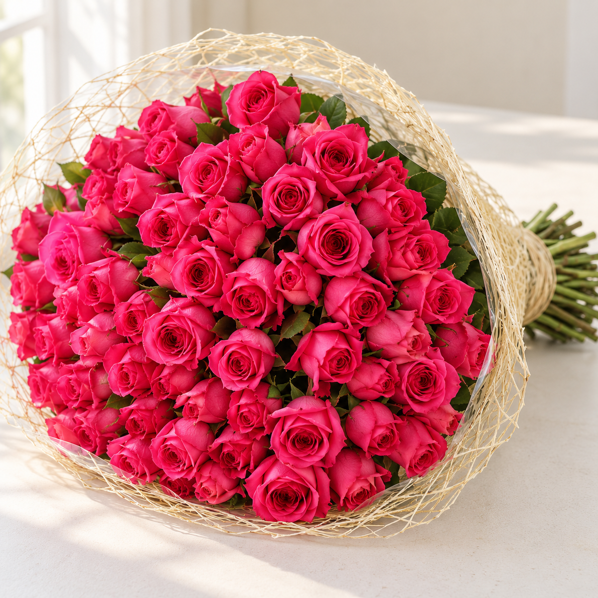 Photo-style illustrative preview for 101 hot pink Pink Floyd roses in natural mesh; actual blooms and proportions vary.