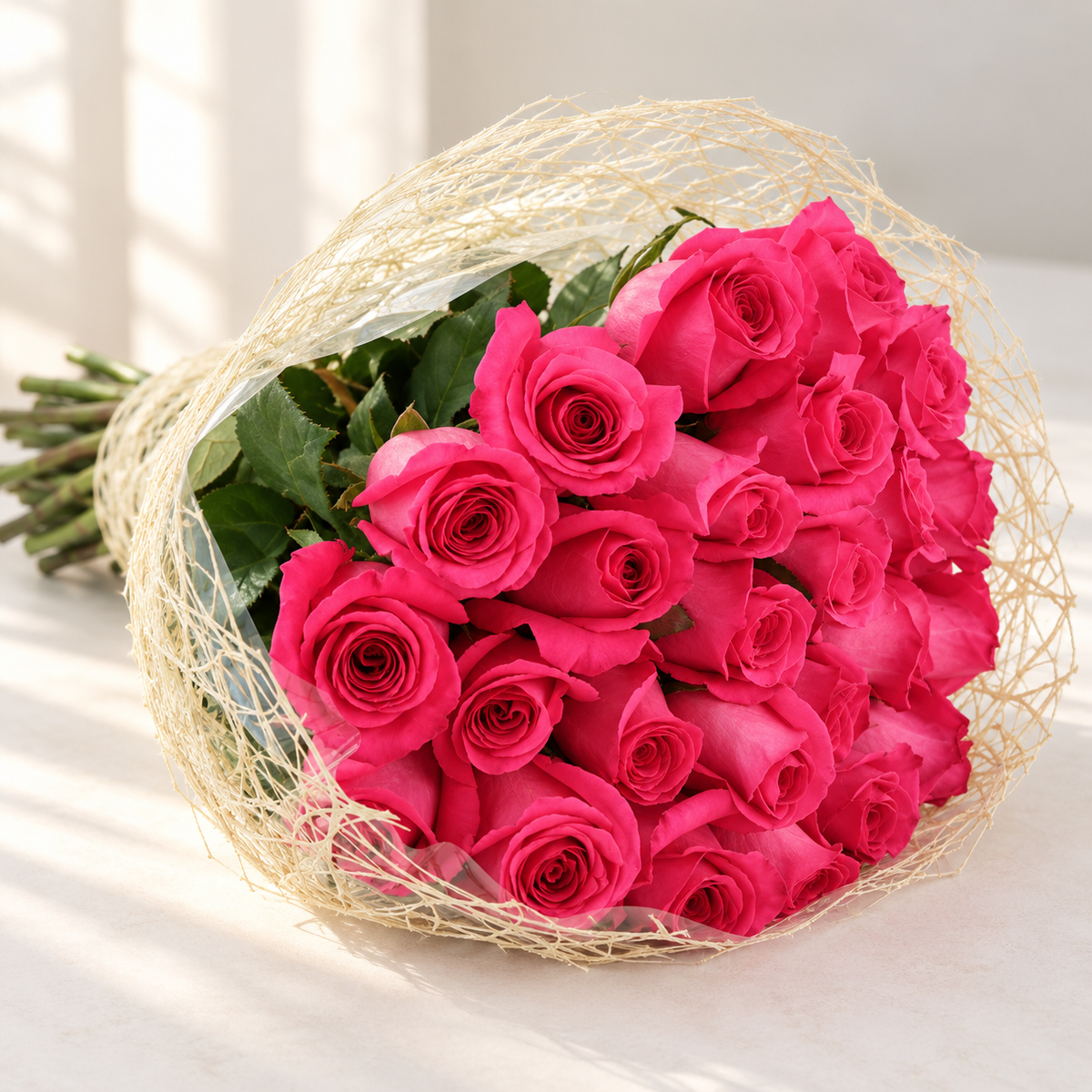 Photo-style illustrative preview for 25 hot pink Pink Floyd roses in natural mesh; actual blooms and proportions vary.