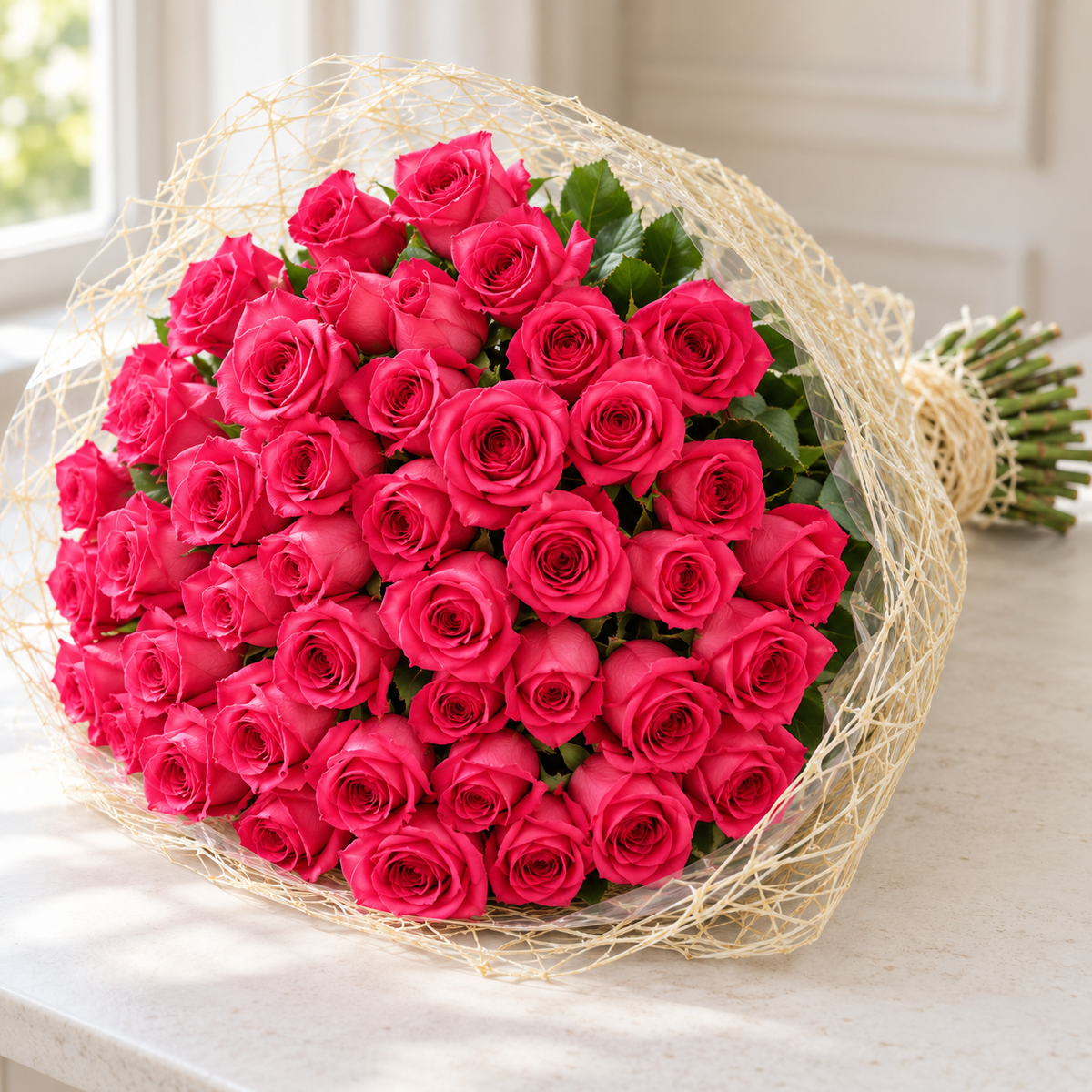 Photo-style illustrative preview for 51 hot pink Pink Floyd roses in natural mesh; actual blooms and proportions vary.
