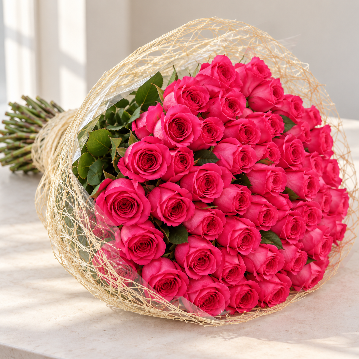 Photo-style illustrative preview for 75 hot pink Pink Floyd roses in natural mesh; actual blooms and proportions vary.