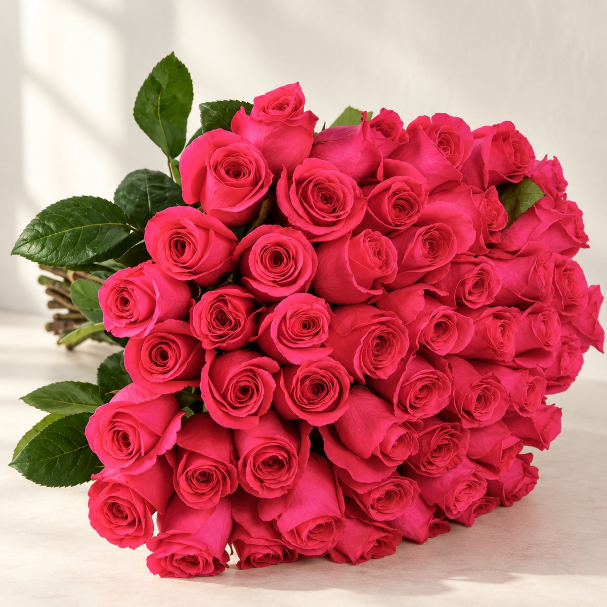 AI-assisted photo-style preview of 50 Pink Floyd Hot Pink Roses – Signature Rose Bouquet as shown; actual arrangement and proportions vary.