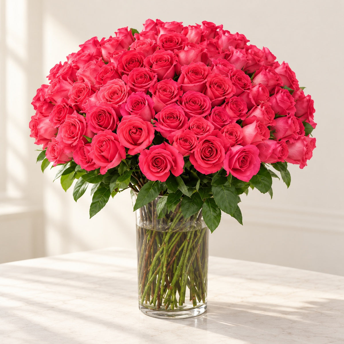AI-assisted photo-style preview of 'Pink Floyd' XLong Stem Vase Arrangement, 100-rose option; actual arrangement and proportions vary.