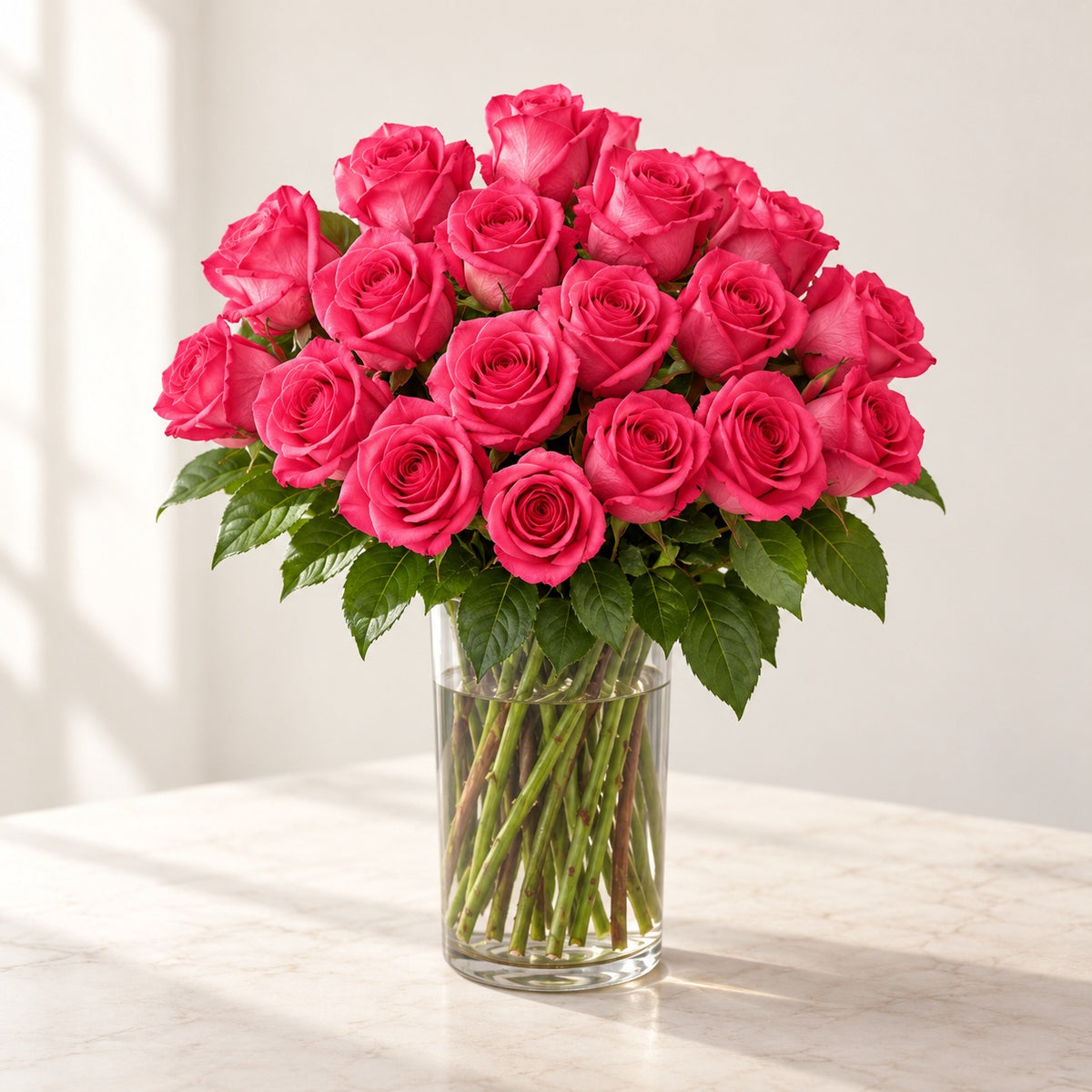 AI-assisted photo-style preview of 'Pink Floyd' XLong Stem Vase Arrangement, 25-rose option; actual arrangement and proportions vary.