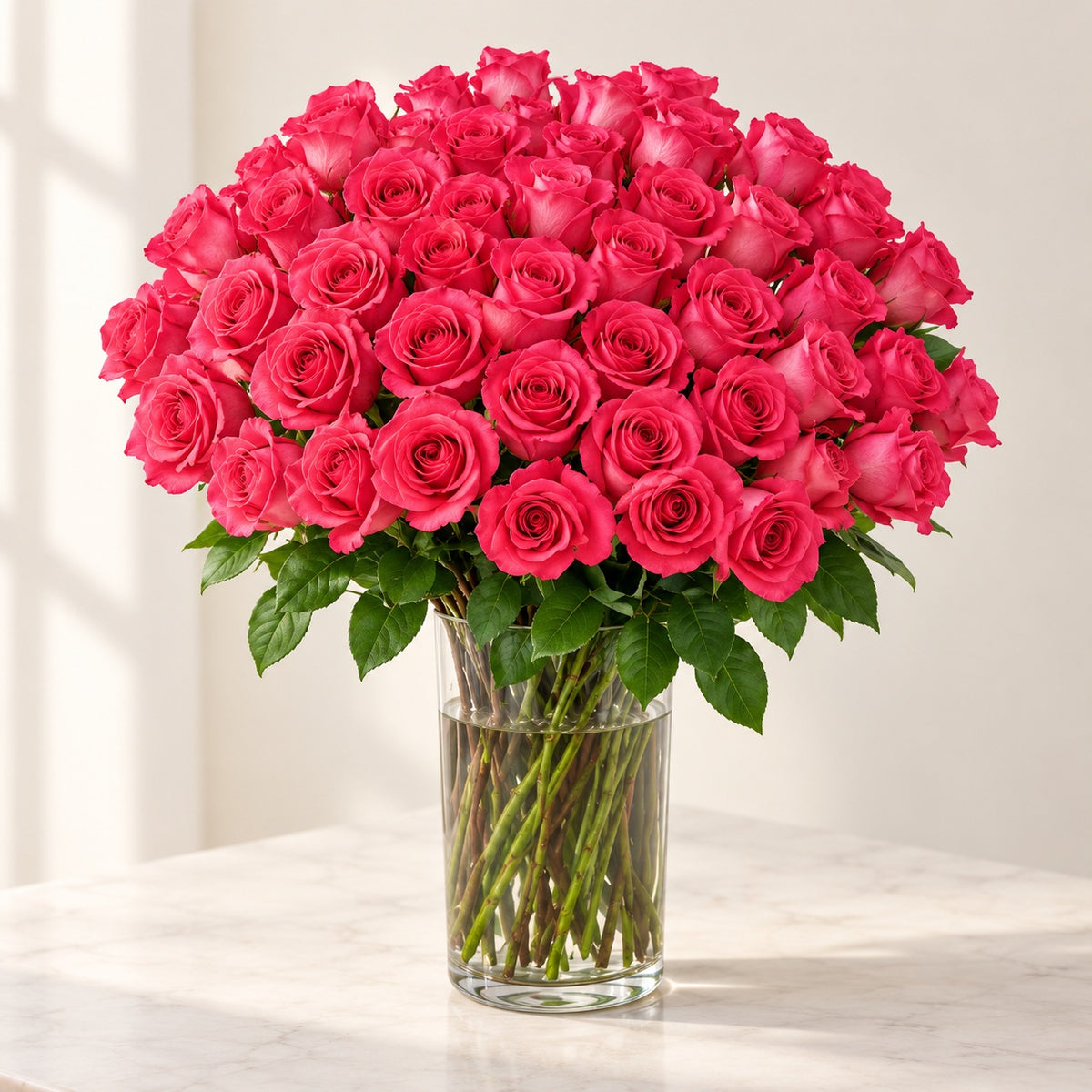 AI-assisted photo-style preview of 'Pink Floyd' XLong Stem Vase Arrangement, 50-rose option; actual arrangement and proportions vary.