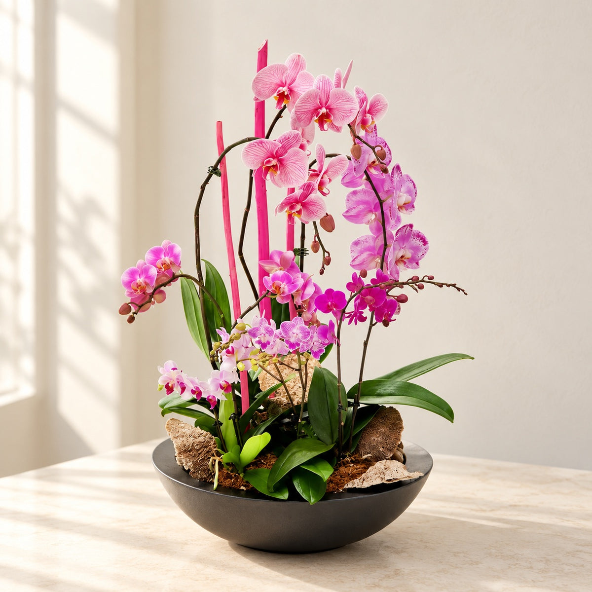 AI-assisted photo-style preview of Premium Pink XL Orchid Planter as shown; actual arrangement and proportions vary.